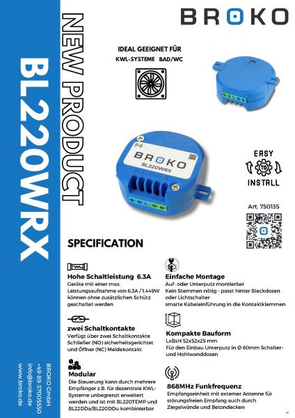 BROKO BL220WRX blau - Funk-Empfänger Unterputz 68mm Dose für dezentrale KWL 6,3A NO&NC DIBt